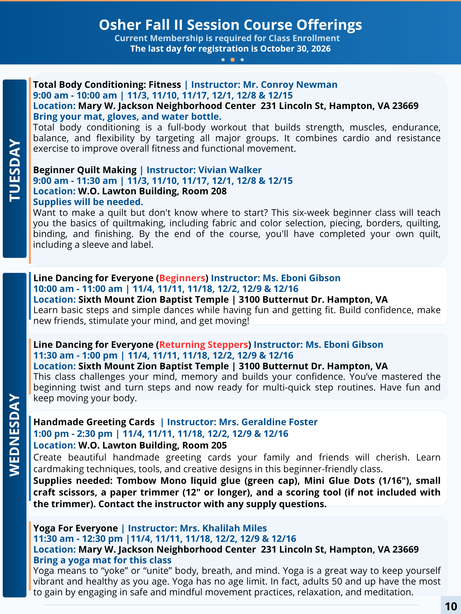 OLLI Course Catalog page $10
